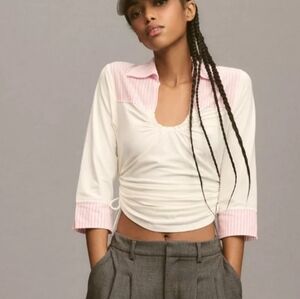 Maeve Anthropologie Pink White Ruched Blouse Shirt Collar Small Crop